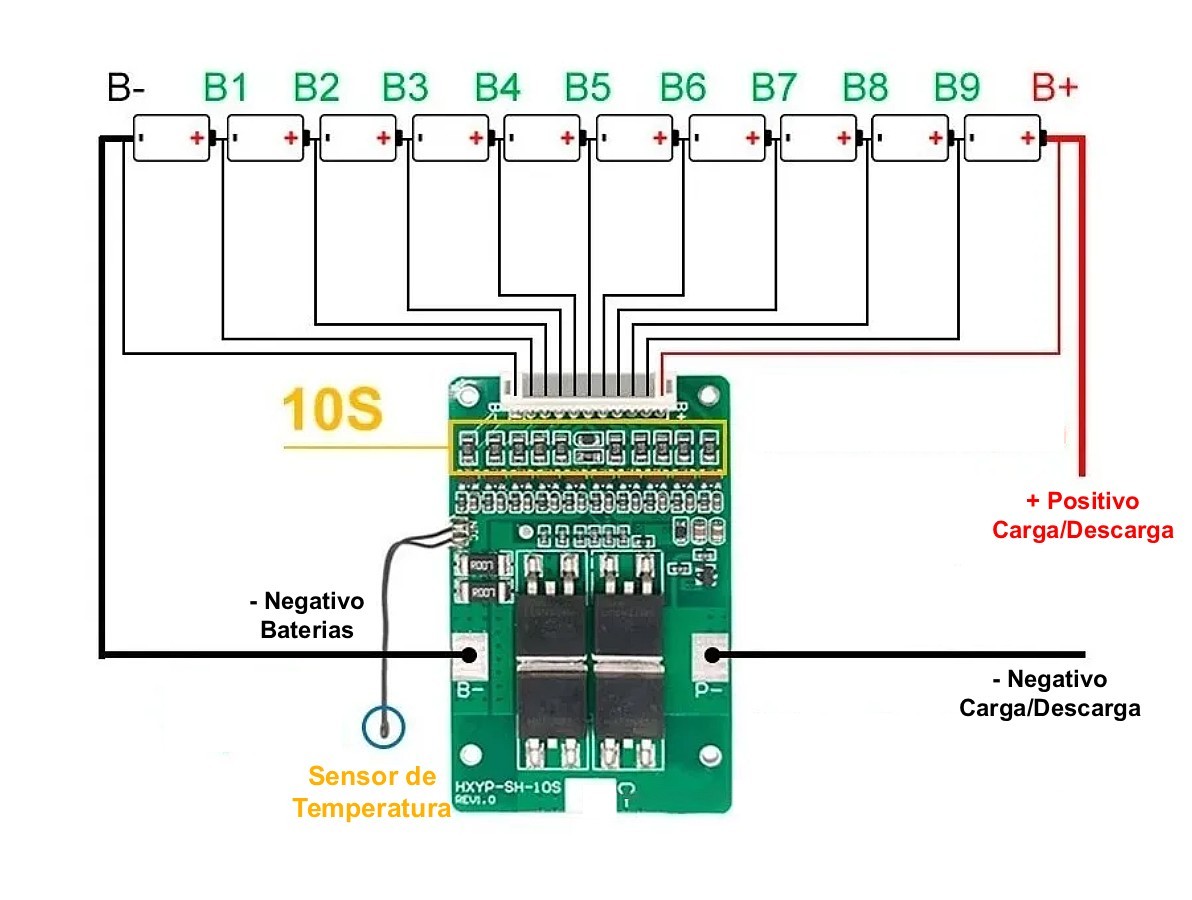 Exemplo Ligação Placa de Proteção para Bateria BMS com 10 baterias - [1036154]