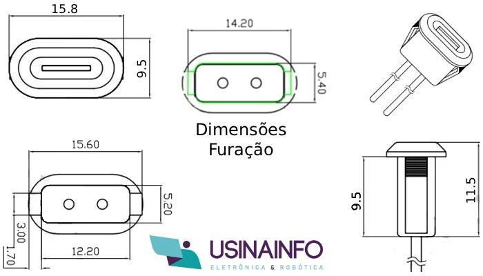 Dimensões Conector USB-C Fêmea com Rabicho de Alimentação - [1036199]