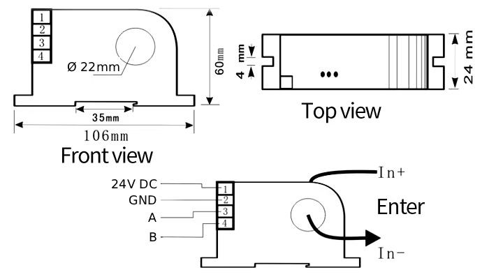 Dimensões Transformador de Corrente TC 100A AC com Saída RS485 para Trilho Din - [1036437]