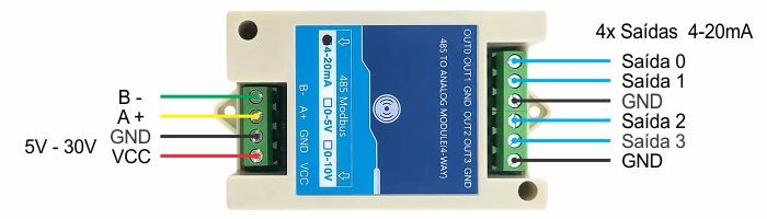 Pinout -- Pinos de conexão Conversor Gerador de Sinal 4-20mA para RS485 Modbus RTU - [1036702]