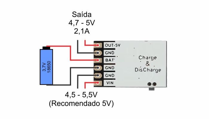 Ligações Módulo Carregador Bateria Lítio 18650 - MH-CD42 - [1036723]