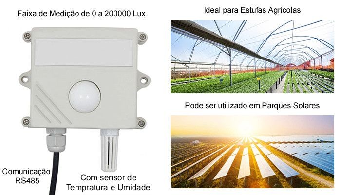 Características do  Luxímetro 0~200000 Lux com Tempratura e Umidade RS485 Modbus-RTU - [1036783]