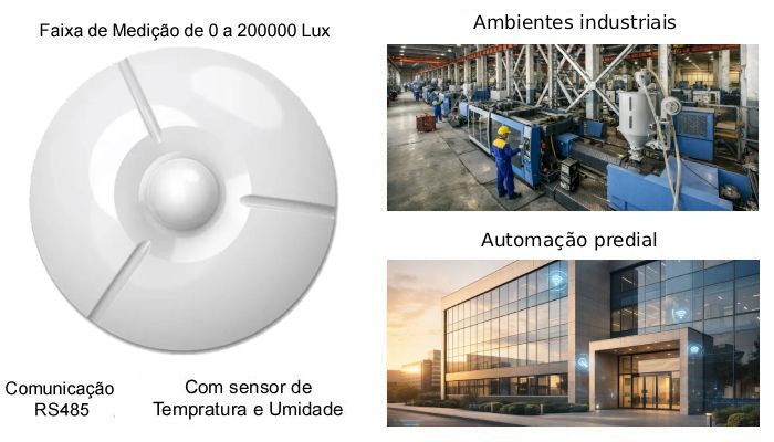 Características do Luxímetro 0~200000 Lux com Temperatura e Umidade RS485 Modbus-RTU - [1036787]