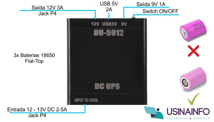 Características Fonte UPS com 3 Slots 18650 - [1037035]