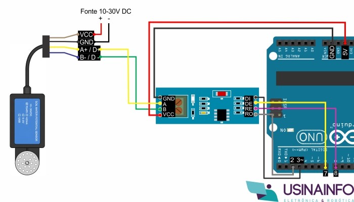Exemplo de conexão do sensor de Potencial de Água do Solo utilizando Conversor RS485 ao Arduino - [1037073]