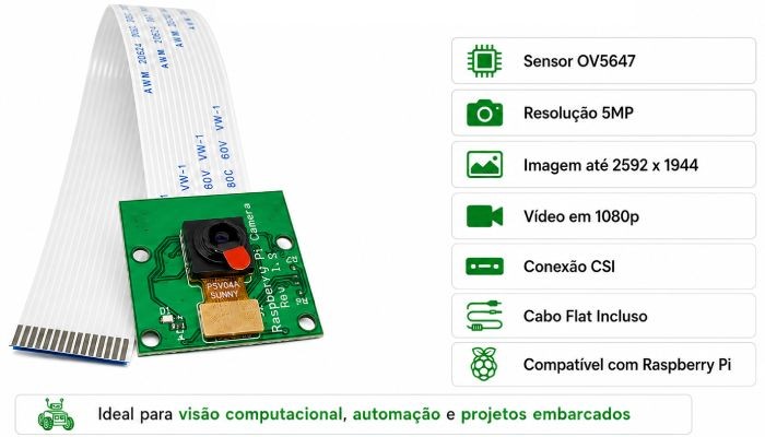 Destaques Câmera para Raspberry Pi OV5647 5MP - [1037158]