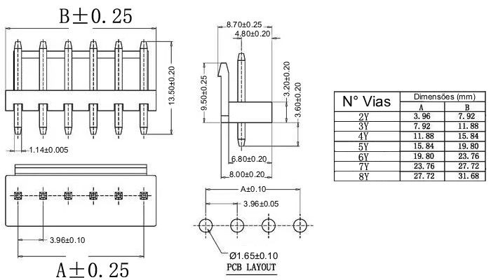 Dimensões Conector JST-VH 3.96 Macho - [1037402]