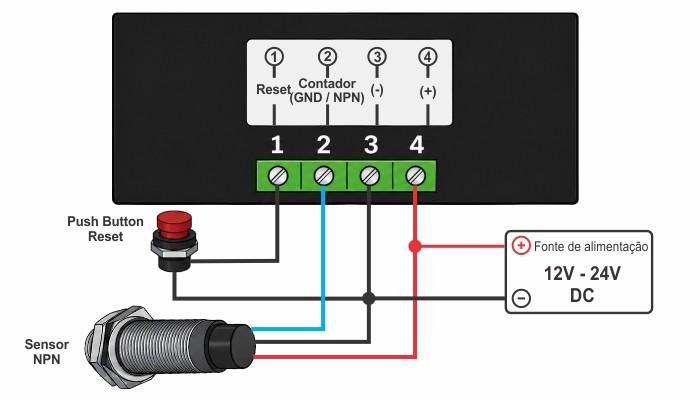 Exemplo Ligação Contador Digital de Pulsos 5 Dígitos RS5135 com Sensor NPN - [1037435]
