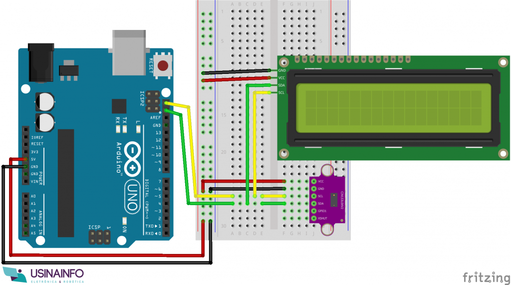 Esquemático Projeto com Sensor de Distância Vl53l0x Arduino e Display 16x2 I2C