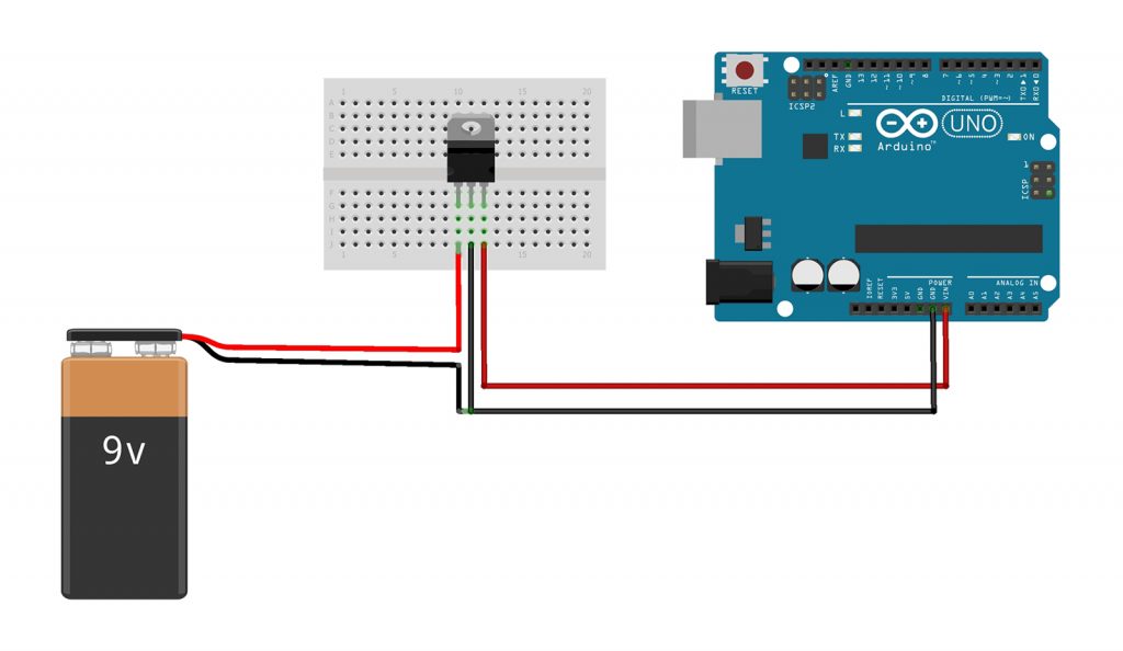 Esquema de Ligação do Regulador 7805 com Arduino UNO e Bateria 9V