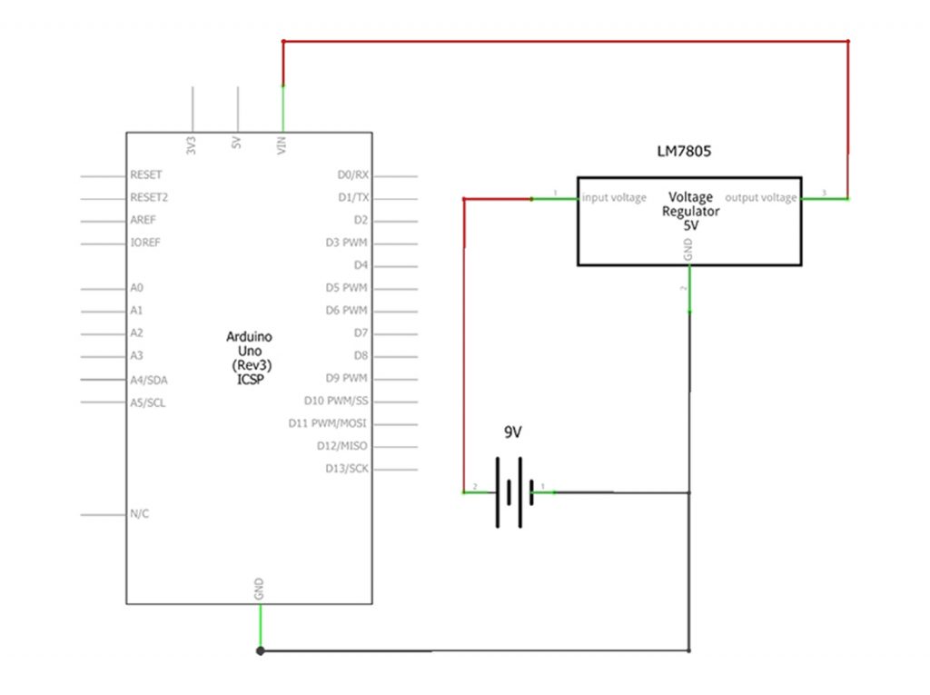 Esquema Elétrico do Regulador 7805 com Arduino UNO e Bateria 9V