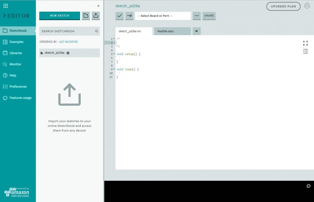 Janela Inicial do Arduino Web Editor