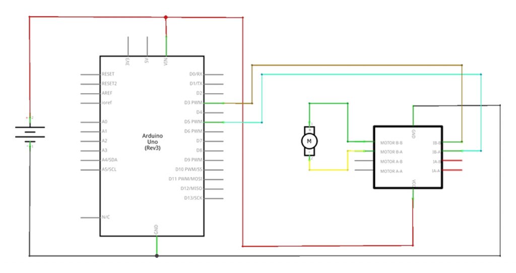 Esquema elétrico para alimentação do Arduino, Módulo L9110s e Motor DC