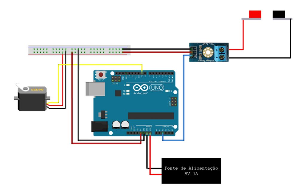 Esquema de ligação do Voltímetro DIY com Sensor de Tensão e Servo Motor