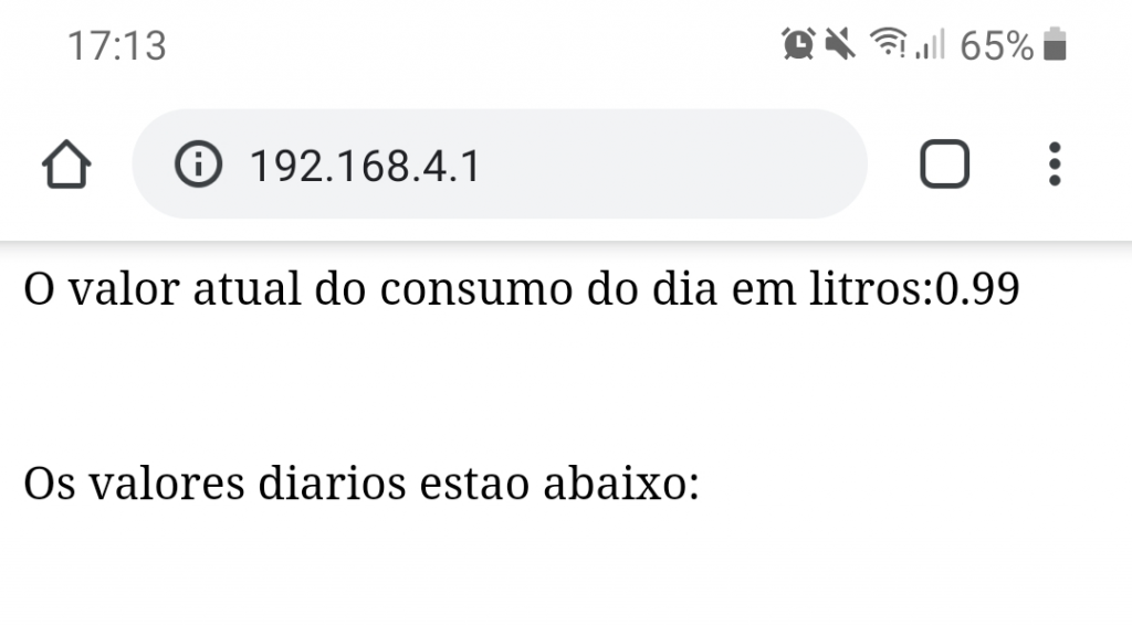 Tela do navegador com dados do Sensor de Fluxo