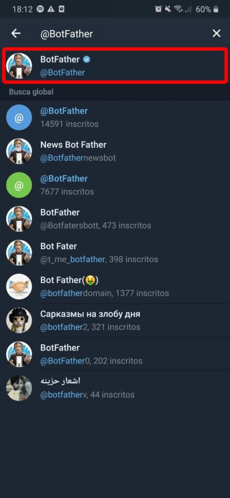 Pesquisa por BotFather no Telegram