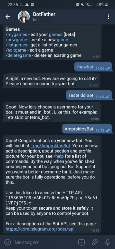 Resultado pós criação de perfil Bot 